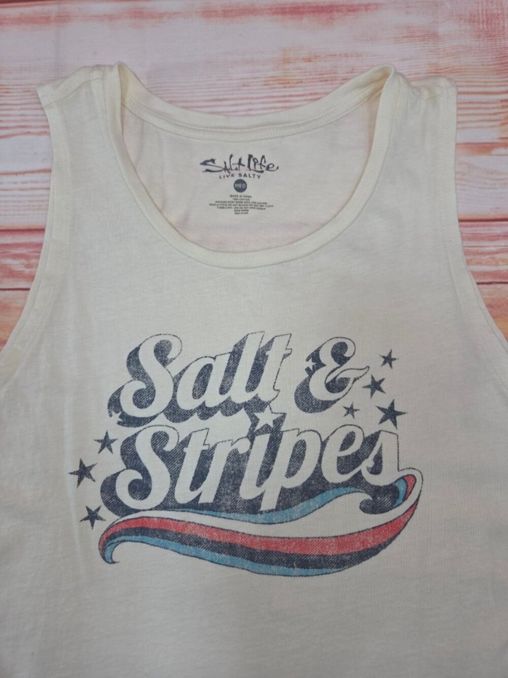 Salt Life Womens Salt & Stripes Tank Top Medium White USA Graphic